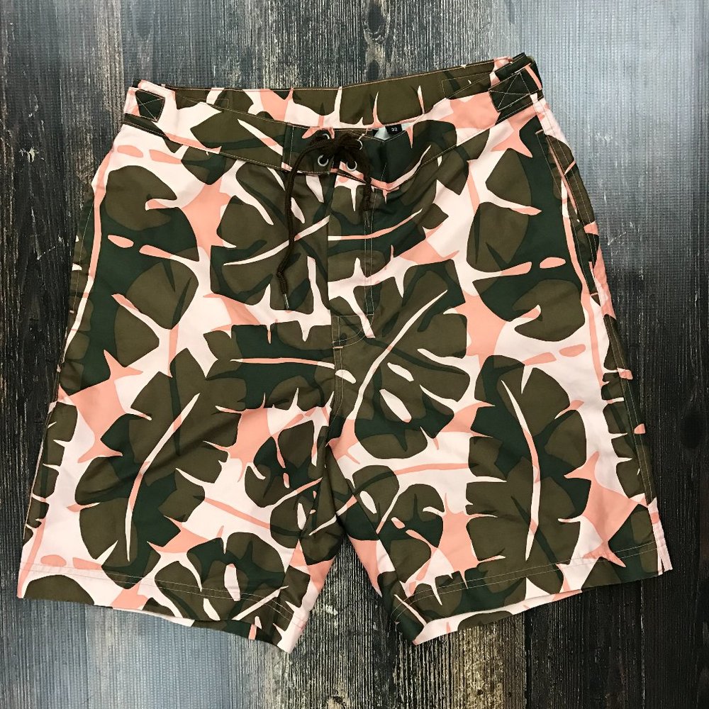 J.CREW Hawaiian Board Shorts SZ 32 Palm Print Swim Surf Trunks Pink Green Brown